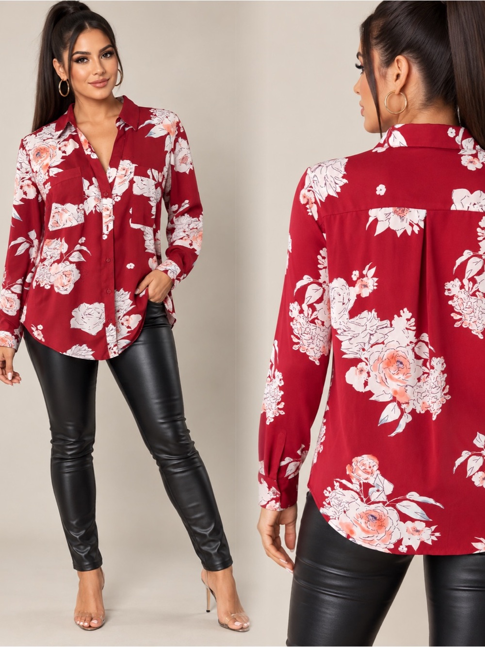 Candie's Burgundy Floral Button-Down Shirt